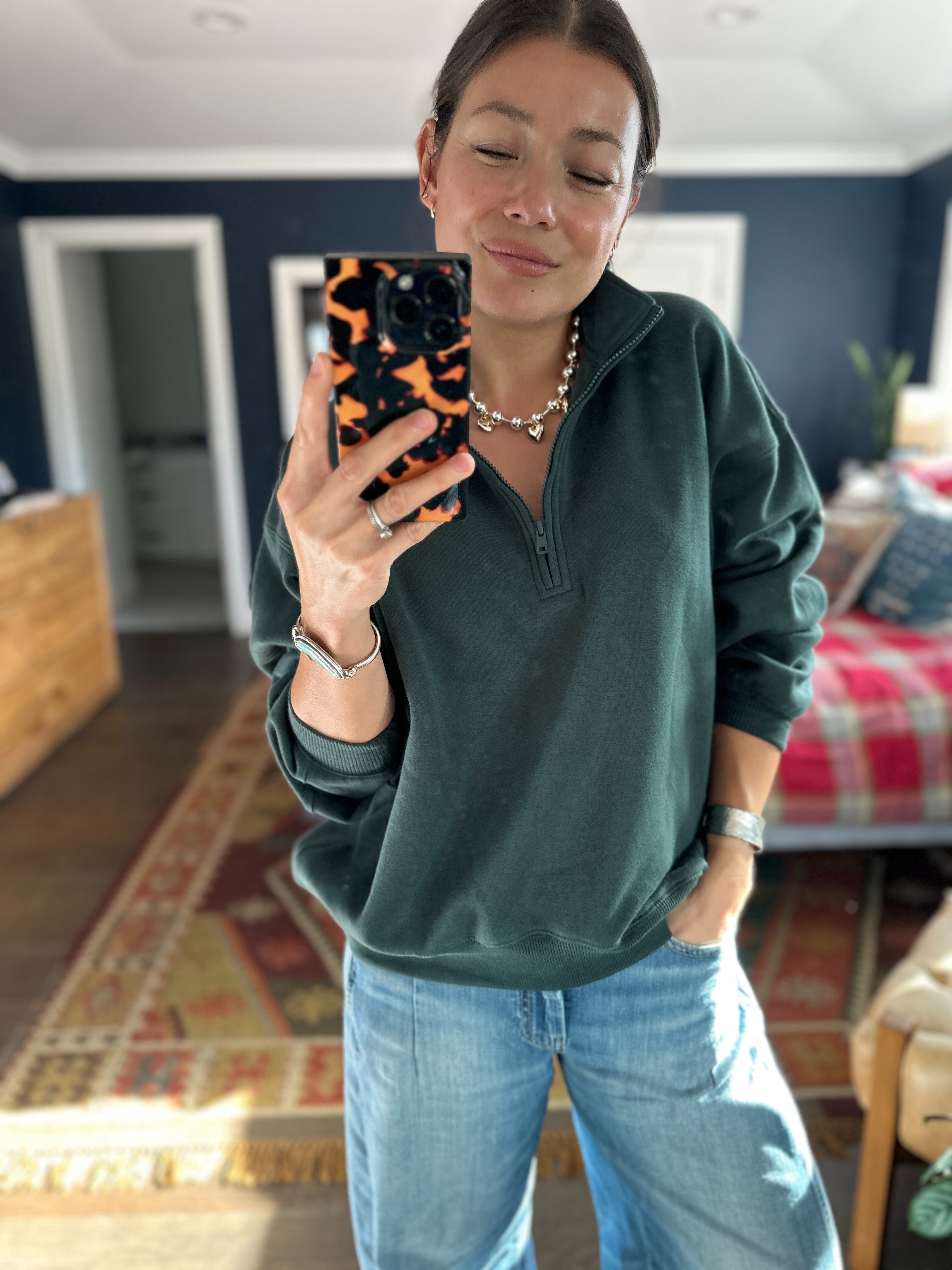 Now on sale at Nordstrom for $21! I always gravitate toward jewelry that's not-too-sweet, and something about this oversized ball chain (I think that's my quasi-skater millennial girl showing) with contrasting bubble hearts spoke to me.

It's playful and fun and still dresses up sweatshirts and like while pulling together all the other mixed metals I wear. The weight feels great -- not at all chintzy. A fun way to update the usual winter uniform.

My quarter-zip is on sale, too, in lots of other colors (the Funghi and Burgundy are both so pretty and wintry). Wearing a small.  

 #LTKHoliday #LTKmomlife #LTKFindsUnder50