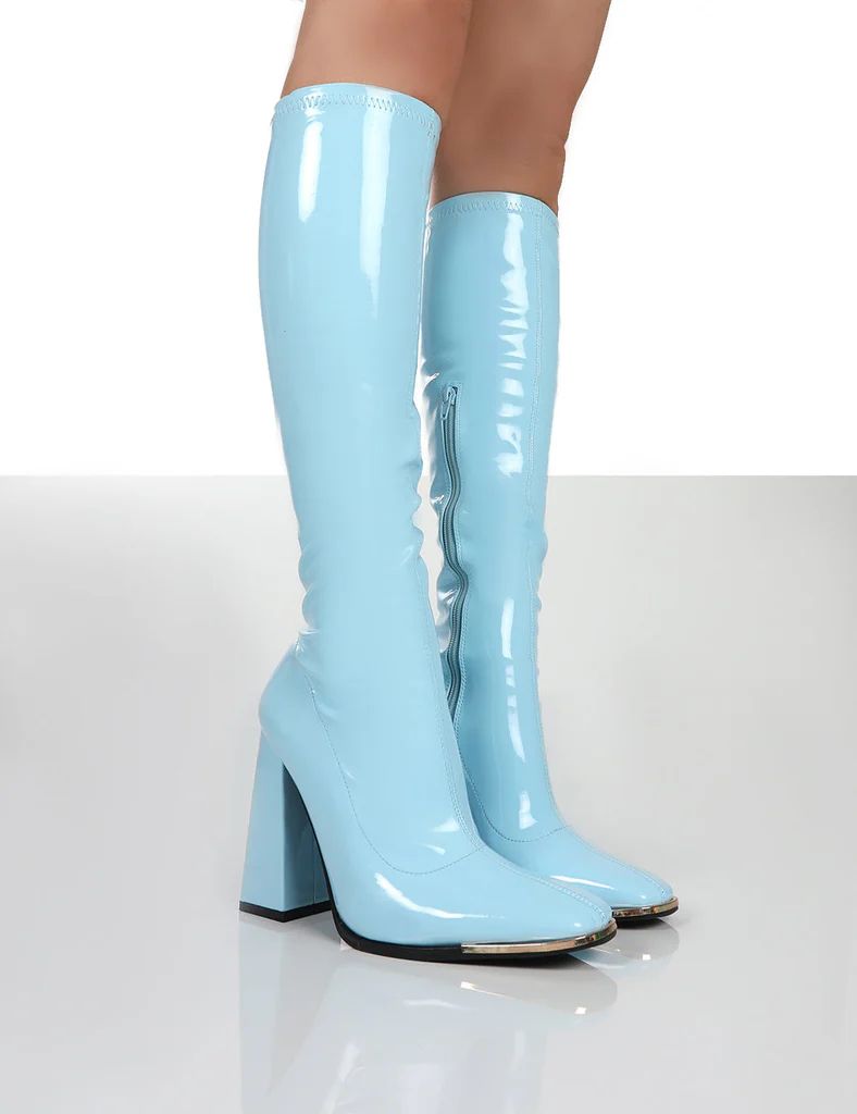 Caryn Blue Pu Knee High Heeled Boots | Public Desire (US & CA)
