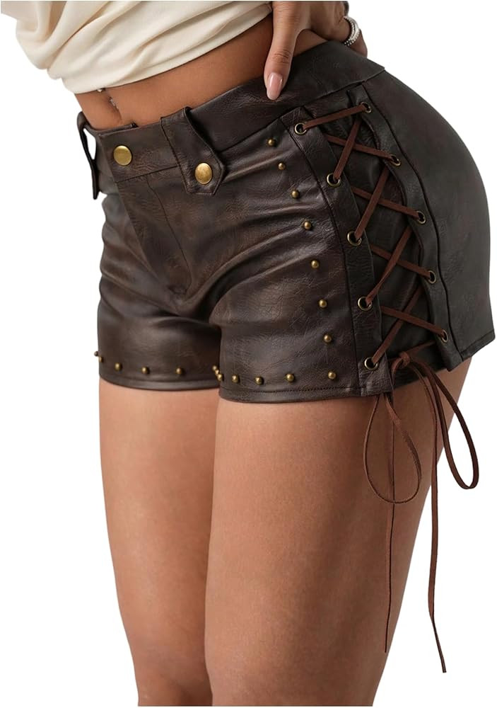 MakeMeChic Women's PU Leather Lace Up Shorts Rivet Studded Summer Vintage 90s Mini Shorts | Amazon (US)