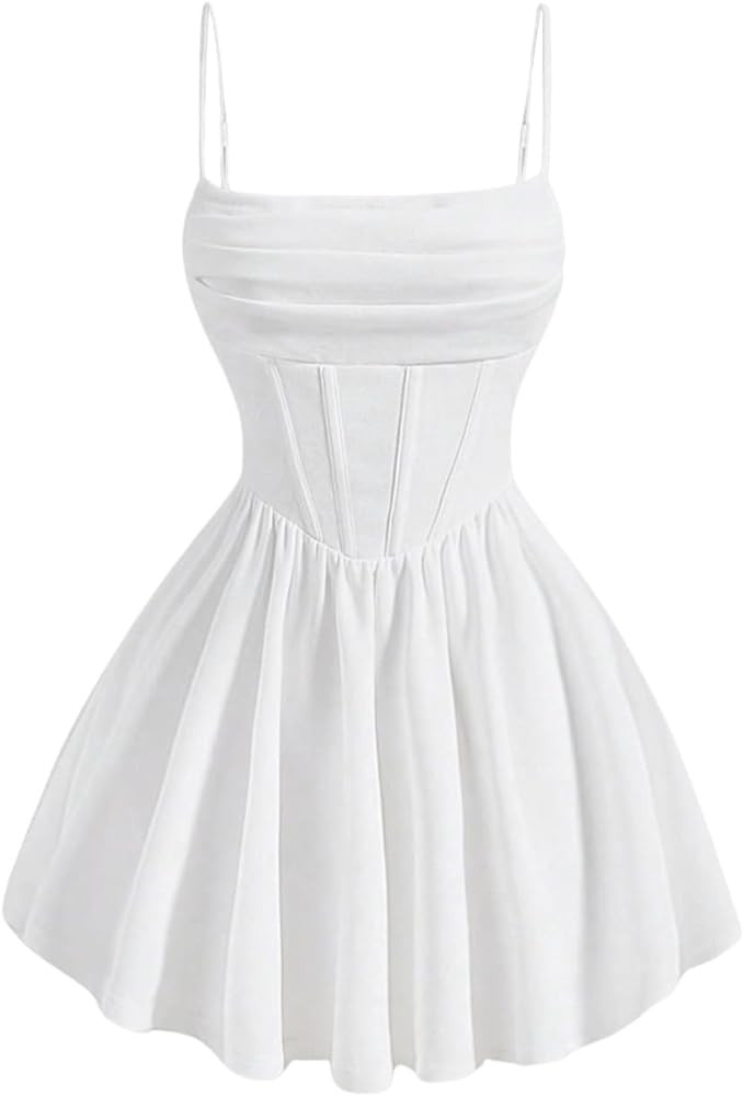 SHENHE Women's Ruched Corset Dress Spaghetti Strap Fit and Flare Flowy Skater Mini Cami Dress | Amazon (US)