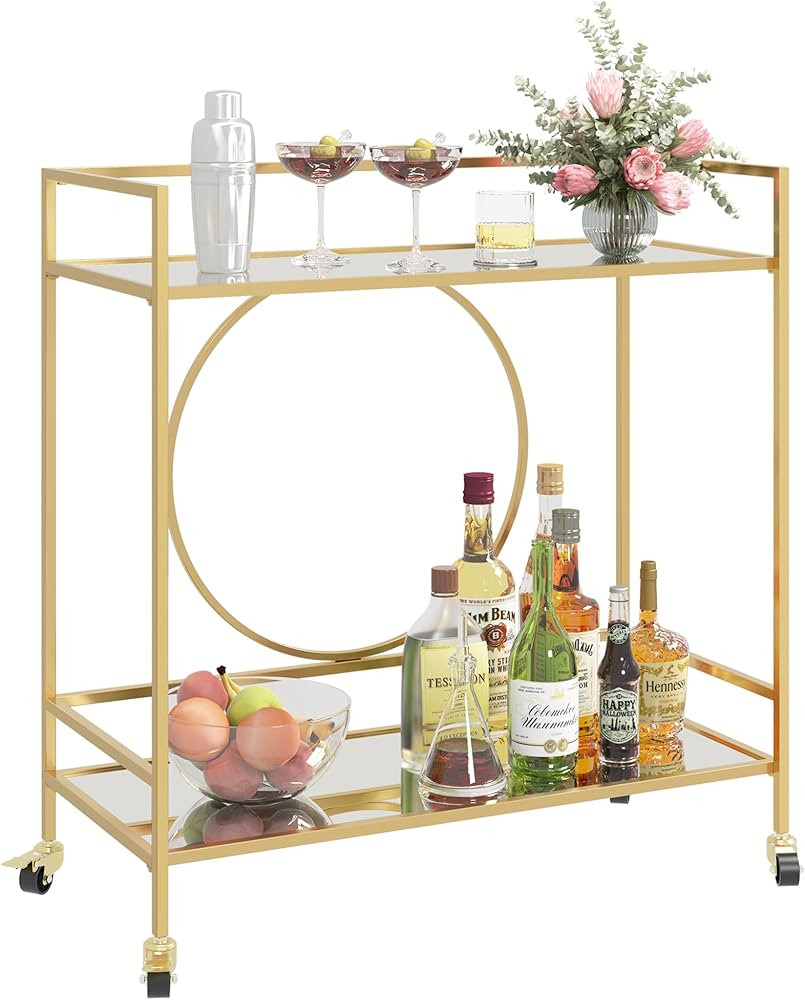 RiteSune Gold Bar Cart, Modern Wine Cart with Wheels, Home Bar Serving Carts with 2 Tier Mirrored... | Amazon (US)