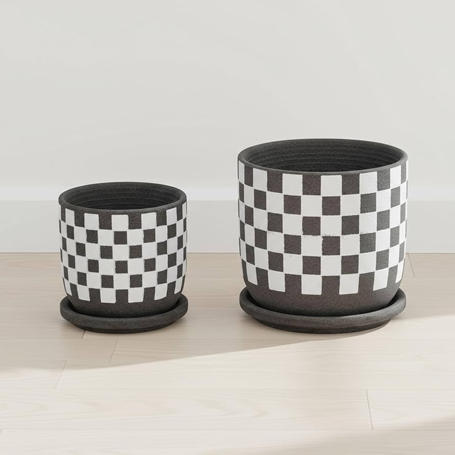 Set of 2 Checkerboard Saucer Planters – Ceramic Plant Pots - Decorative Pots for Plants - Ceram... | Amazon (US)