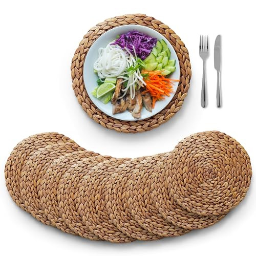 Woven Placemats, Round Placemats Rattan Placemats, Wicker Water Hyacinth Placemats, 15'' Round Braided Placemats Set, Heat Resistant/Anti-Slip/Durable for Dinner Plate (10, 15 inch) | Amazon (US)