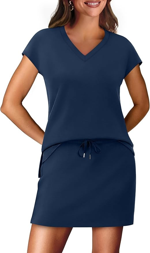 WIHOLL Two Piece Skirt Sets for Women Summer Vacation Outfits Travel Tennis Golf Skorts Cap Sleev... | Amazon (US)