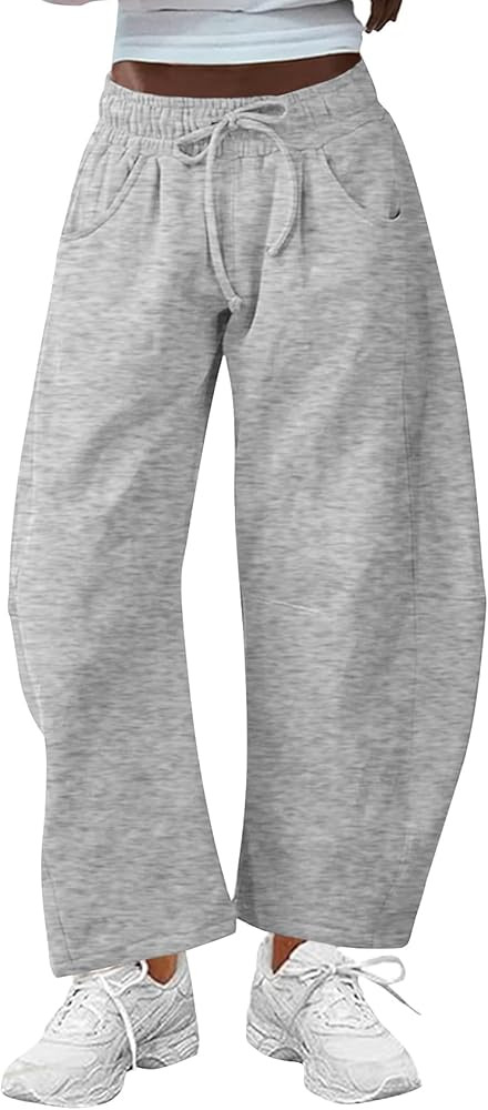 Kissonic Womens Barrel Leg Sweatpants Elastic Waist Drawstring Wide Leg Pants Baggy Lounge Pants ... | Amazon (US)