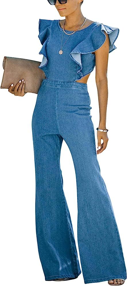Omoone Women's Flared Denim Jumpsuit Ruffle Sleeve Backless Jeans Jumper Long Rompers | Amazon (US)