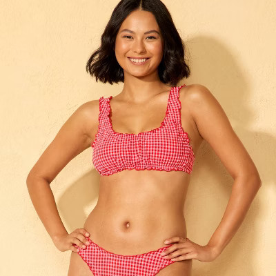 Women's Gingham Seersucker Ruffle Bralette Bikini Top - Wild Fable™ Red/Pink M | Target