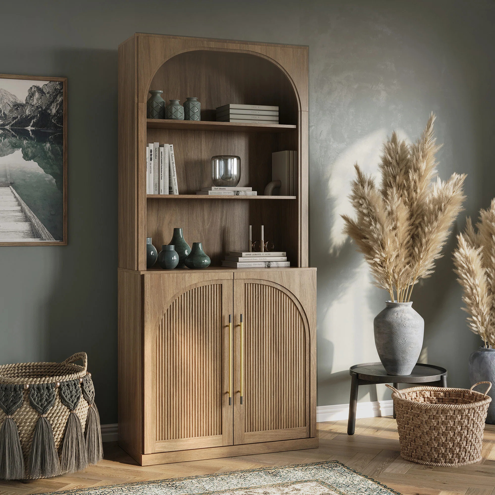 72" Tall Modern Wood Sideboard with 3-Tier Shelves, Camel | Wayfair North America