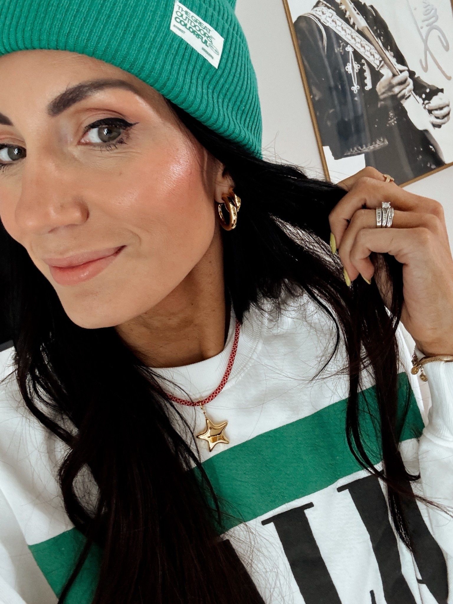 Green beanie and fun jewelry today 