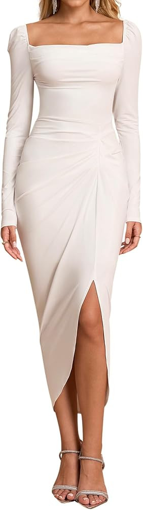 Long Sleeve Bodycon Midi Dress Square Neck Ruched Slit Formal Cocktail Wedding Guest Dresses for ... | Amazon (US)