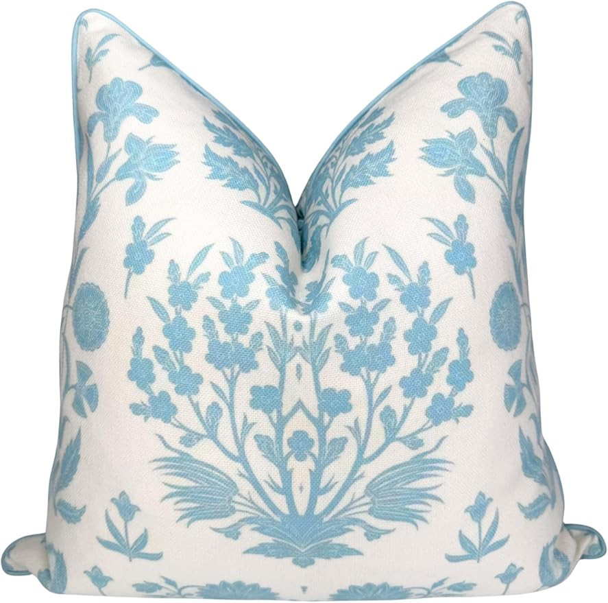 “The Charlotte” Bright Sky Blue Floral Block Print Pillow Cover – Off-White Decorative Thro... | Amazon (US)
