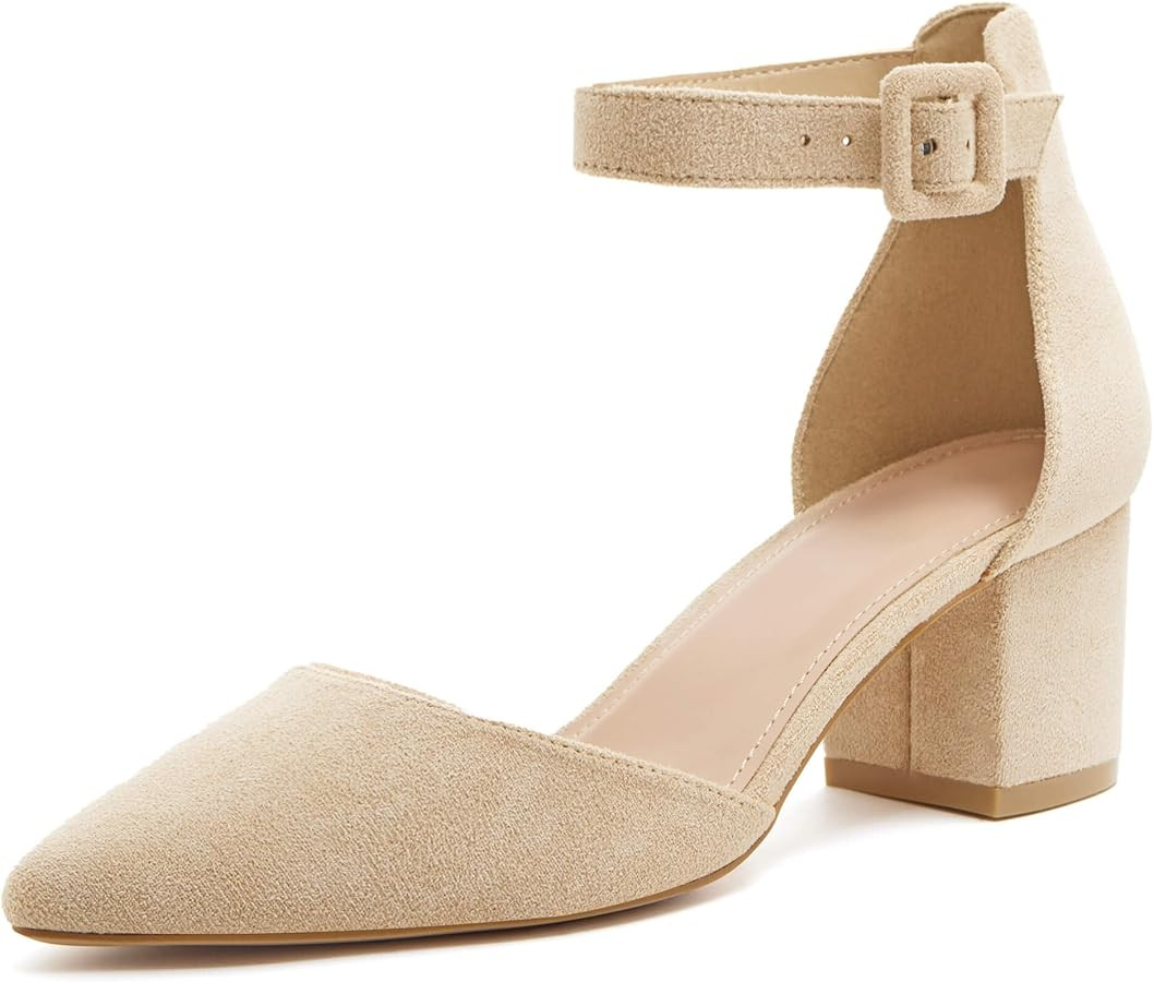 LAICIGO Women's Pointed Toe Pumps Ankle Strap Buckle Chunky Block Heel Dress D'Orsay Shoes | Amazon (US)