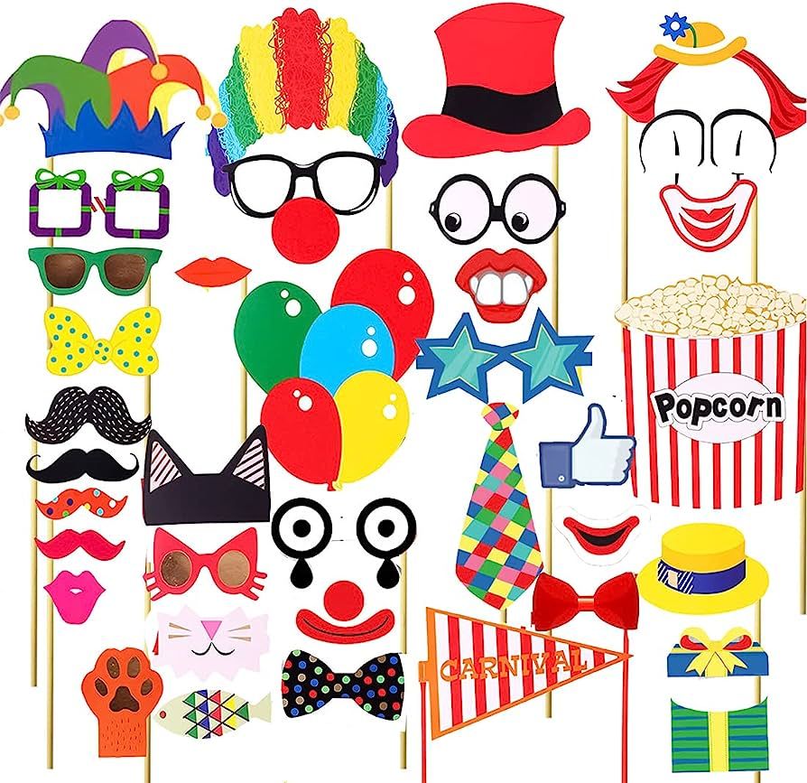 PIPI 36pcs Circus Photo Booth Props with Sticker Funny Carnival Theme Party Decorations for Birth... | Amazon (US)
