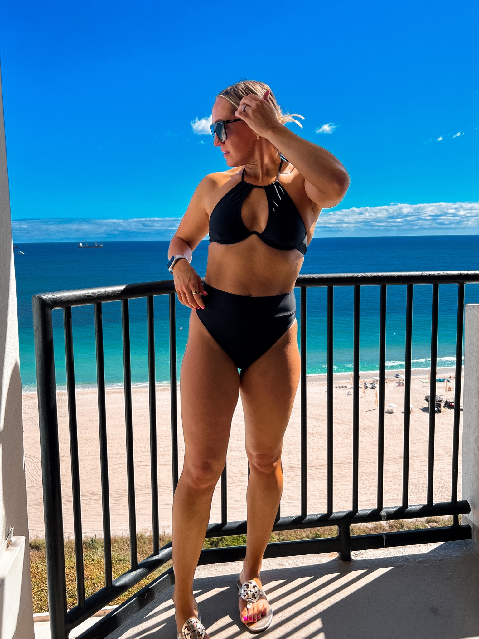 Black bikini, high neck bikini, halter bikini, two piece bathing suit, swim wear, summer bathing suit, cheap bathing suit, sunglasses, quay sunglasses, black sunglasses, inspired by designer sunglasses, Tory Burch sandals, vacation outfit, travel outfit, resort wear, resort outfit

#LTKtravel #LTKswim #LTKfindsunder50
