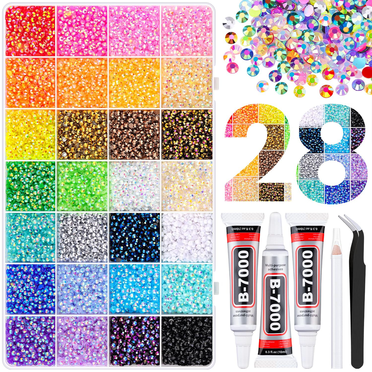 34000Pcs Resin Rhinestones with 3Pcs B7000 Jewelry Glue for Crafting, Multicolors 3mm Non Hotfix ... | Amazon (US)