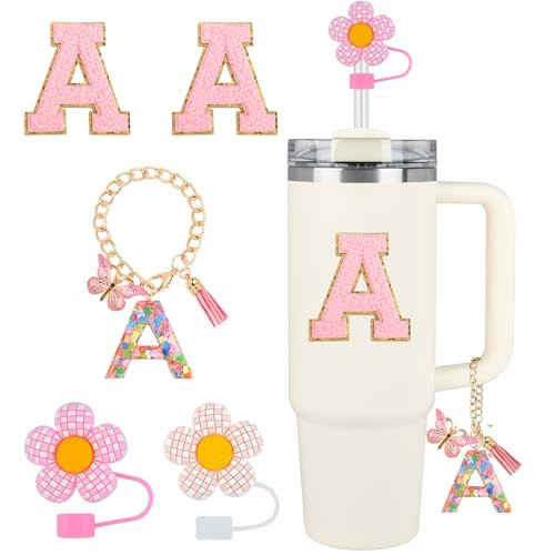 Stanley Cup Accessories, 5PCS Tumbler Initials Decorations, Straw Toppers Silicone Straw Cover Cap, Cute Letter Charms for Stanley 40 oz 30 oz Tumbler, Sticker (A-Pink) | Amazon (US)
