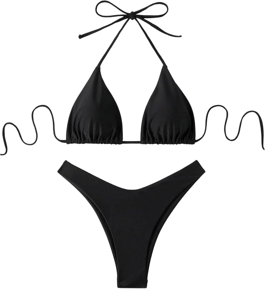 GORGLITTER Women's High Waisted Thong Bikini Set Halter Triangle Tie Back Swimsuit Bathing Suit | Amazon (US)