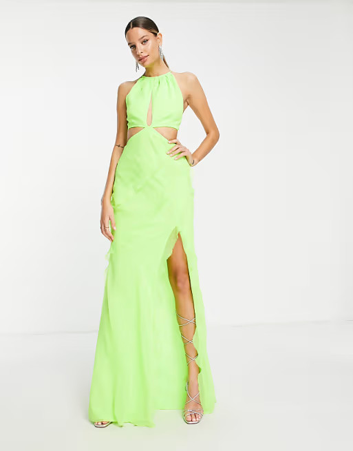 ASOS DESIGN Tall halter bias ruffle maxi dress in bright green | ASOS (Global)