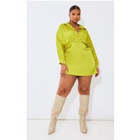 Plus Chartreuse Pleated Satin Shirt Dress | PrettyLittleThing IE