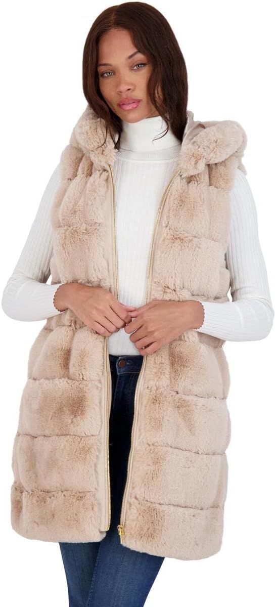 VIA SPIGA Women's Grooved Faux Fur Hooded Vest | Amazon (US)