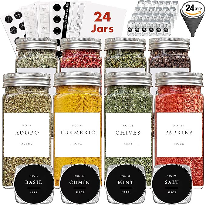 Spice Jars With Label Spice Containers, 24 Glass Spice Jars 200 Labels, Seasoning Jars Seasoning ... | Amazon (US)