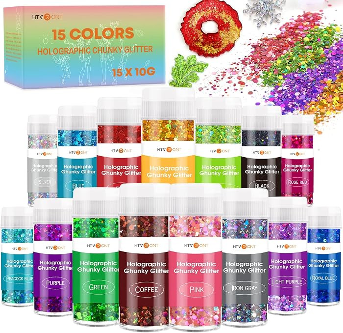 HTVRONT Holographic Chunky Glitter for Crafts - 15 Colors, Each 10g | Amazon (US)