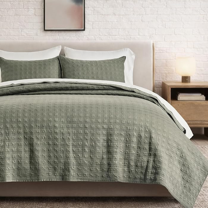 EVERGRACEHOME Windowpane Cotton Sateen Quilt Set Queen Size, Pre-Washed 100% Cotton Coverlet Beds... | Amazon (US)