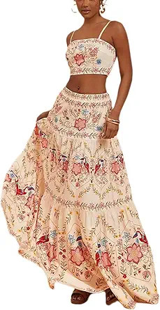 ksotutm Skirt Set Floral Halter Crop Tops and Maxi Skirt Summer Two Piece Sets for Women Going Ou... | Amazon (US)
