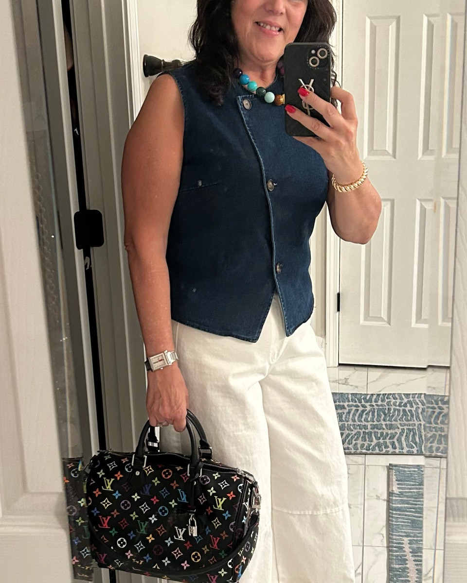 Denim and white is so classy for summer!! Love this look with the fun accessories and comfy wedges. Simple, cute, and easy to wear anywhere. Always be confident ✨
#summerstyle #over50fashion #styleover50 #agelessfashion #midlifestyle

#LTKootd #LTKOver40 #LTKMidsize