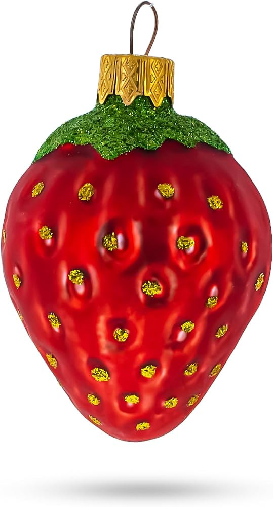 Juicy Strawberry with Glittered Leaf Mini Glass Christmas Ornaments | Amazon (US)