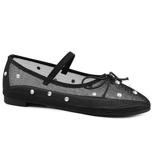 Black Flats for Women Mesh Shoes Bow Style Ballet Flats Fashion Dressy Round Toe Rhinestone Womens Flats Summer Fall Ballerina Flats Stretch Strap Marry Jane Flats Comfy Trendy Size 9.5 | Amazon (US)