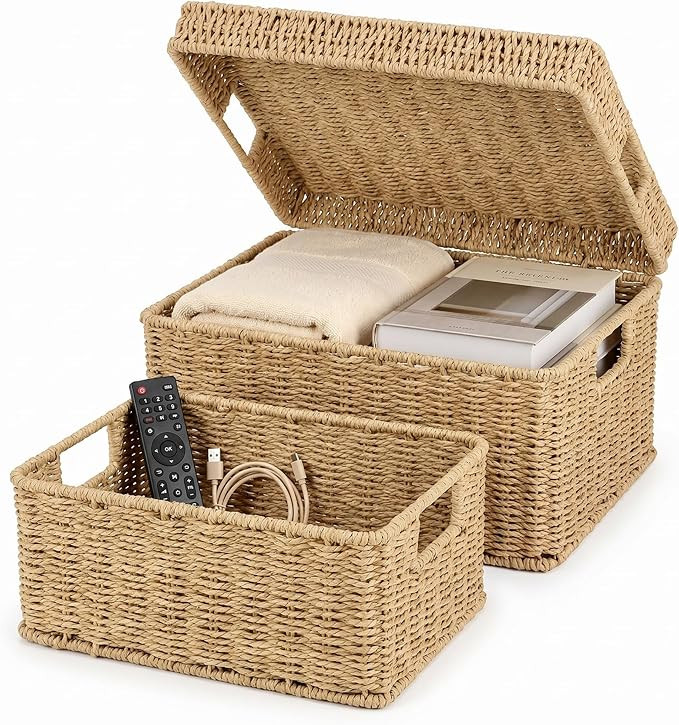 Wicker Storage Basket with Lid - Woven Basket for Storage,Rectangular Decorative Boxes Bins with ... | Amazon (US)