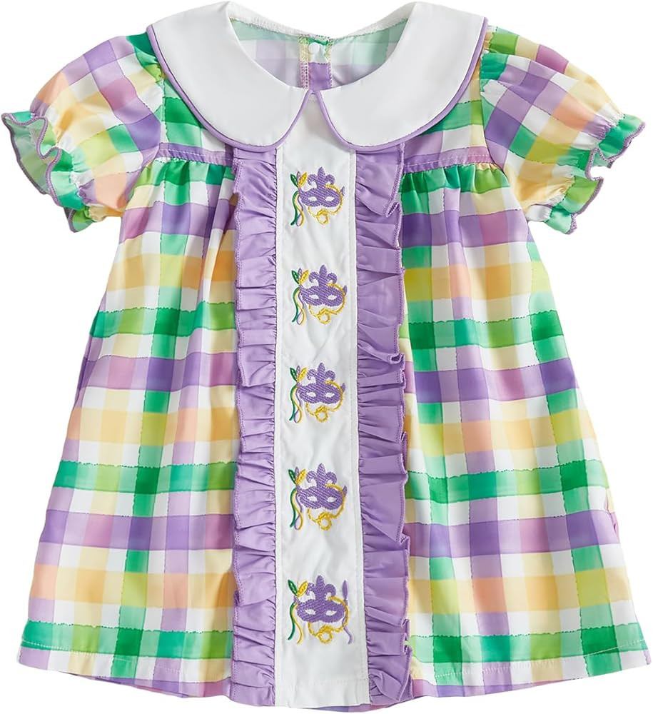 Toddler Baby Girl Mardi Gras Outfit Smocked Dress Crown Mask Plaid Short Sleeve A Line Dresses Ca... | Amazon (US)