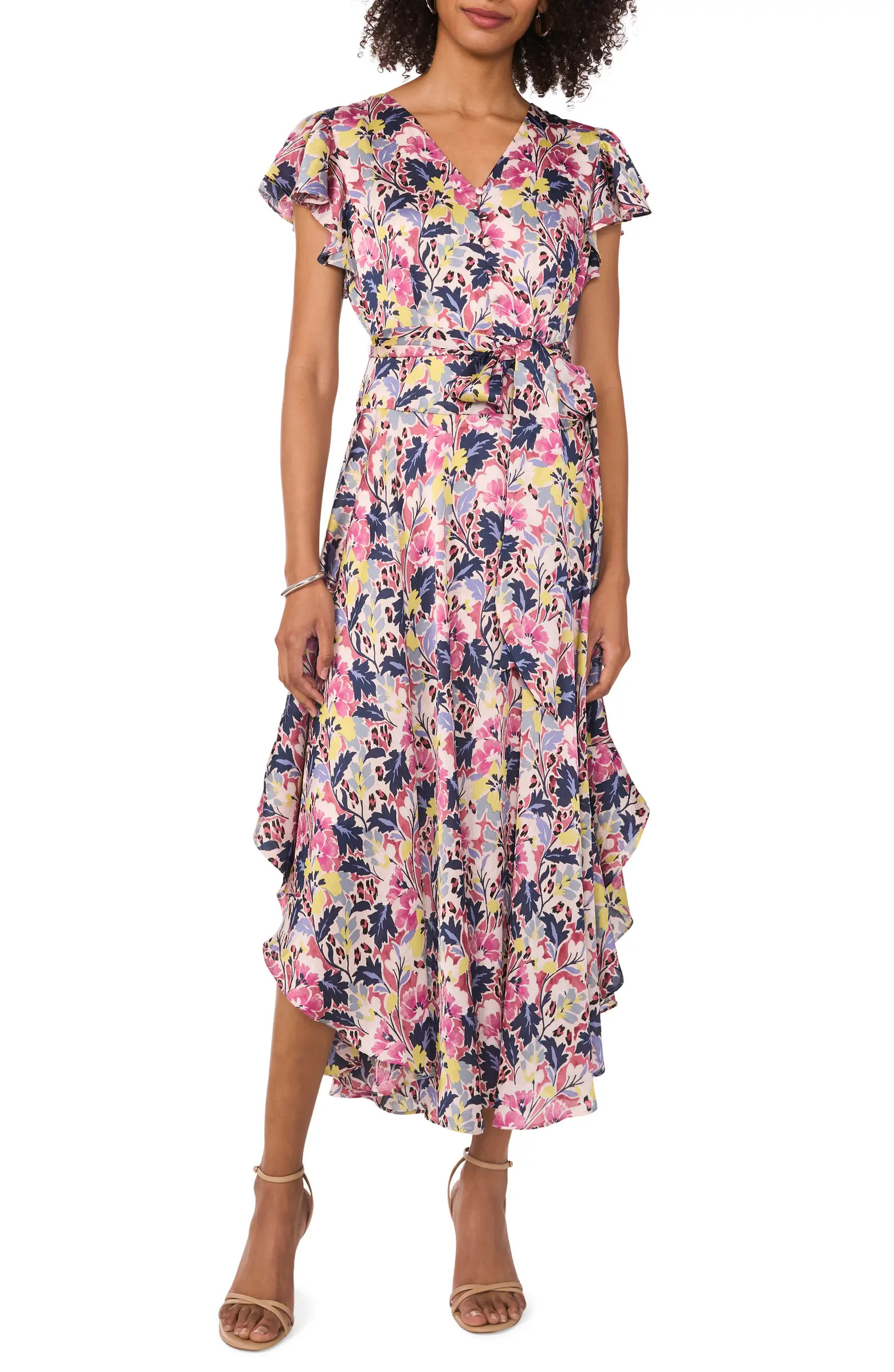 Vince Camuto Floral Flutter Sleeve Midi Dress | Nordstrom | Nordstrom