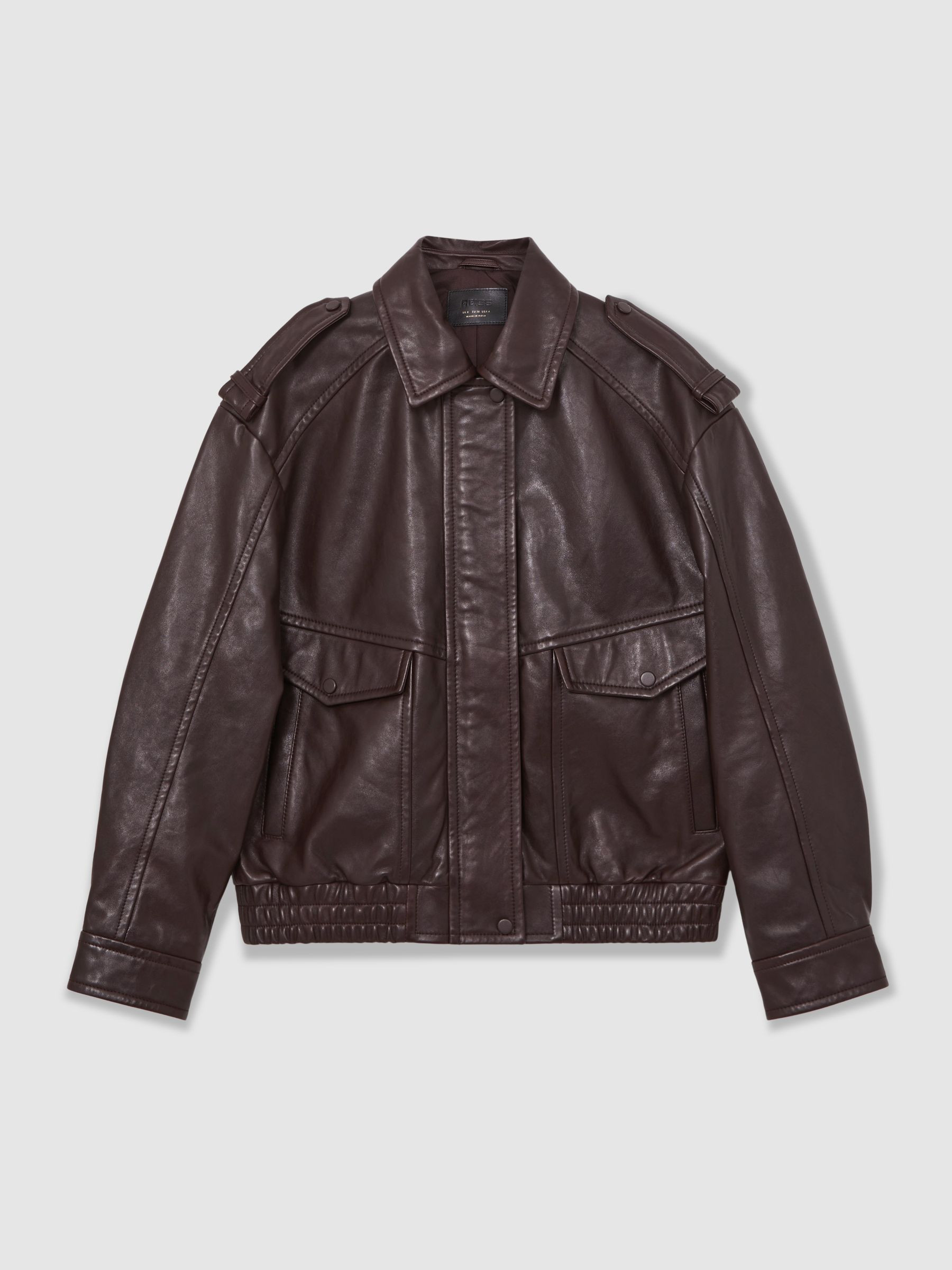 Oversized Leather Jacket in Aubergine | Reiss UK