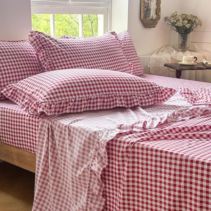 NSNLGSGC Red Gingham Ruffle Full Sheet Set, Red Soft Pre-Washed Microfiber Plaid Full Bed Sheets,... | Amazon (US)