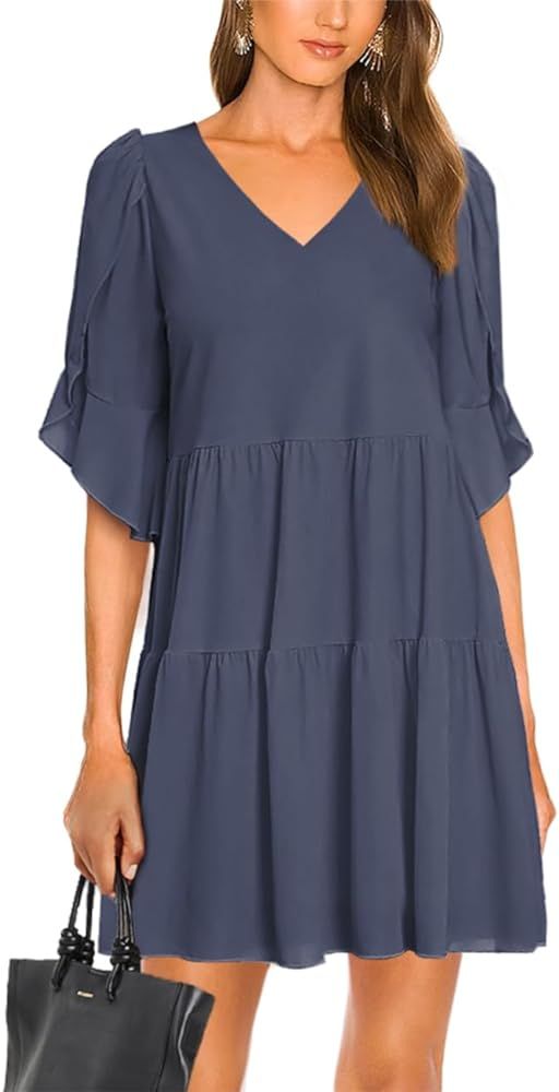 Lrady Women's Casual Summer Tunic Dress 2024 V Neck Ruffle Loose Flowy Swing Mini Shift Dresses | Amazon (US)