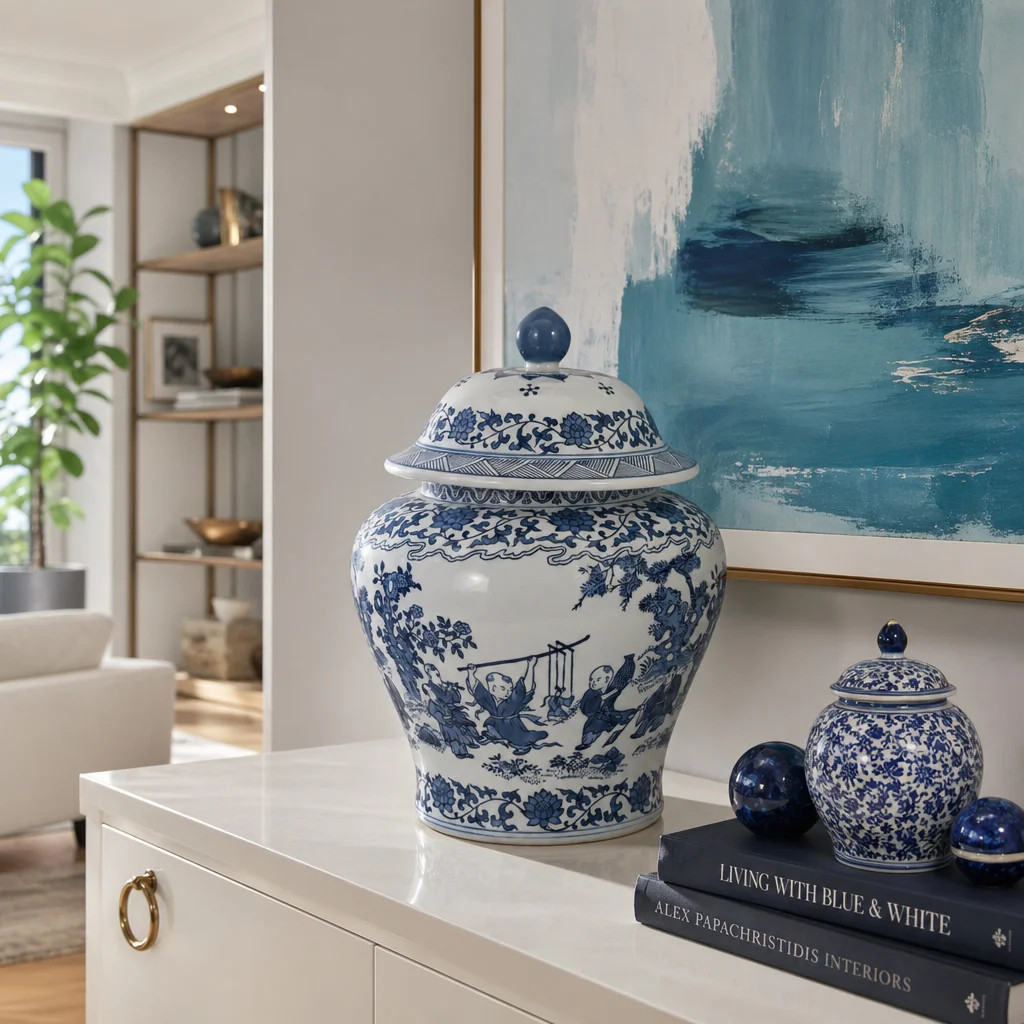 Chinoiserie Stoneware Ceramic Lidded Jar 15" Blue Traditional Decorative Accent for Home Office B... | Wayfair North America