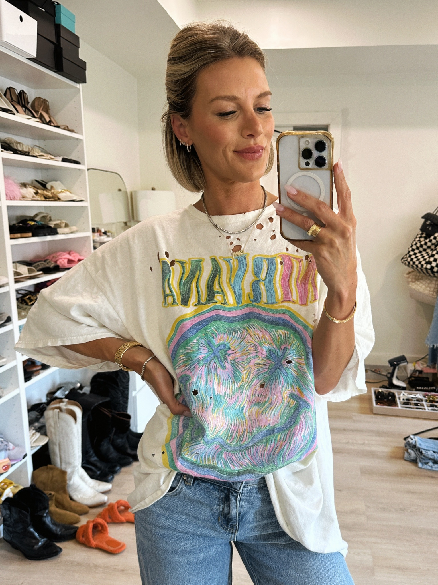 oversized graphic tee favorite 🤍 usually wear with biker shorts but love the oversized baggy look with these low rise baggy jeans too 👖

#LTKStyleTip #LTKSaleAlert #LTKFindsUnder50
