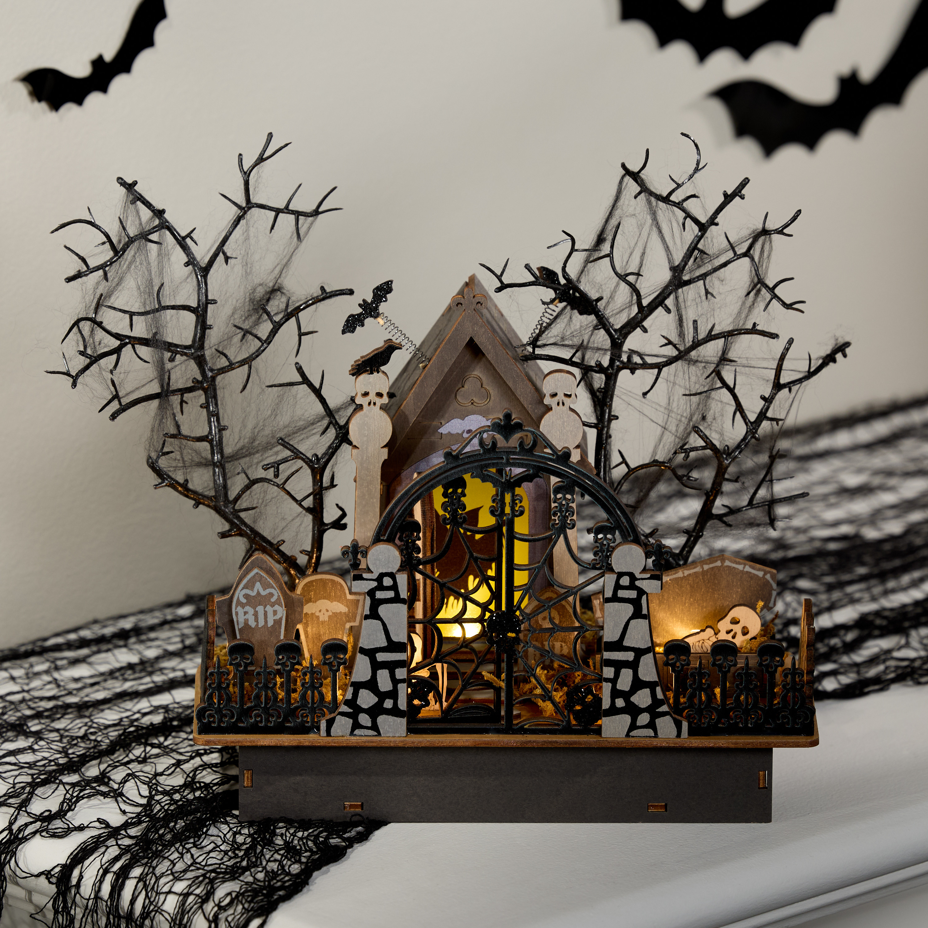 Laser Cut Wood Mausoleum Graveyard LED Light Up Decor | World Market