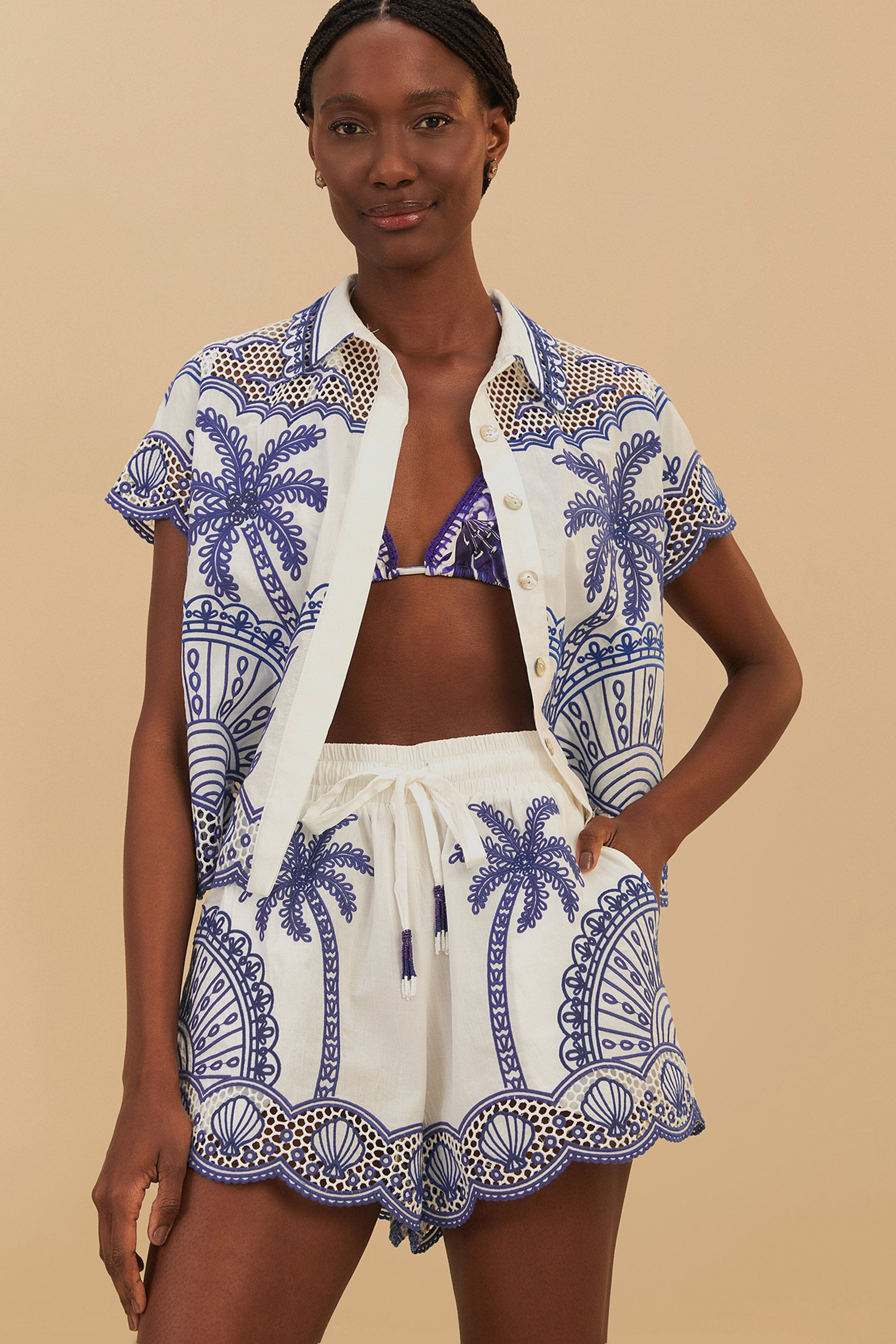 Blue Palm Trees Richelieu Short | FarmRio (US)