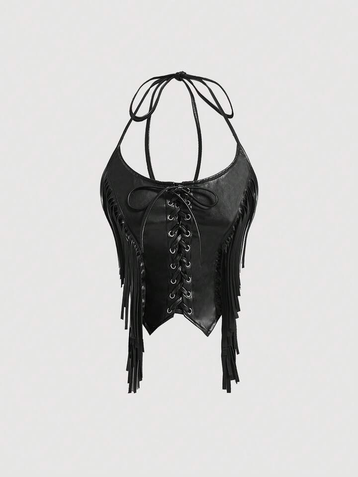 SHEIN MOD Fringed Halter Leather Top For Women | SHEIN