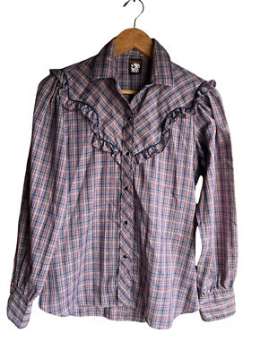 Women's Vintage Karman Western Shirt Pearl Snap Rodeo Cowgirl Plaid Ruffle LARGE | eBay US