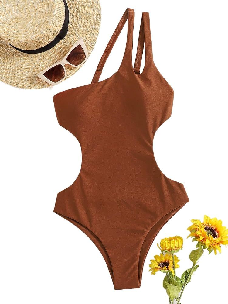 Romwe Women's One Shoulder Cutout One Piece Swimsuit Strap Backless Bathing Suit Monokini | Amazon (US)