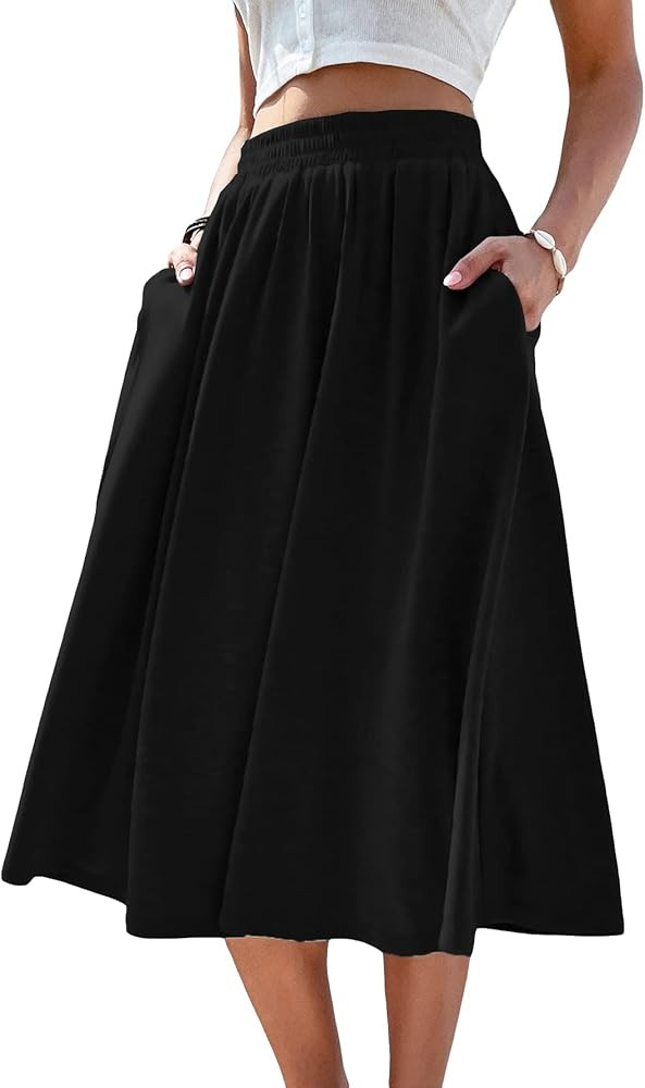 Verdusa Women's Elastic Waist Pocket Side A Line Midi Swing Flared Skirt | Amazon (US)