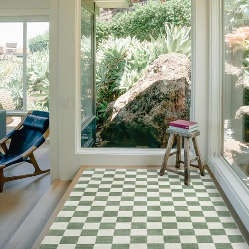Revival Rugs Gambit 3'11"x6'1" Checkered Rug Machine Washable Area Rug for Kitchen Bedroom - 100% Recycled Oeko-TEX Certified, Medium Pile, Green, Beige | Amazon (US)