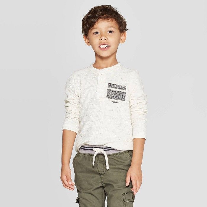Toddler Boys' Specialty Double Knit Henley Long Sleeve T-Shirt - Cat & Jack™ Cream | Target