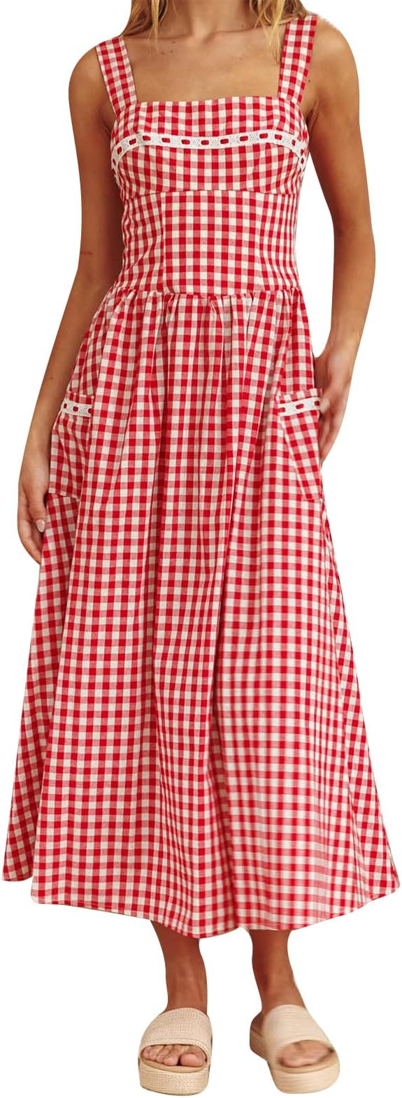 Women Gingham Midi Dress Plaid Square Neck Milkmaid Dress Smocked Flowy A Line Beach Vacation Sun... | Amazon (US)