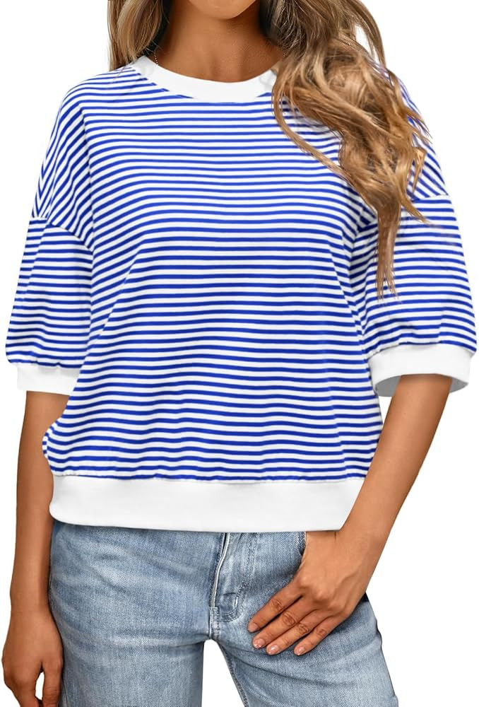 Tankaneo Womens Puff Sleeve Striped T Shirt Oversized Cropped Summer Casual Cotton Tops Loose Fit... | Amazon (US)