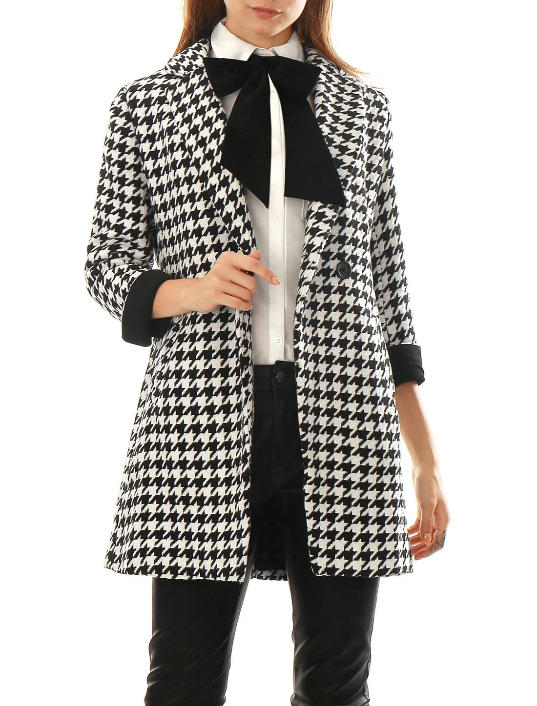 Women Houndstooth Pattern Double Breasted Worsted Coat | Walmart (US)